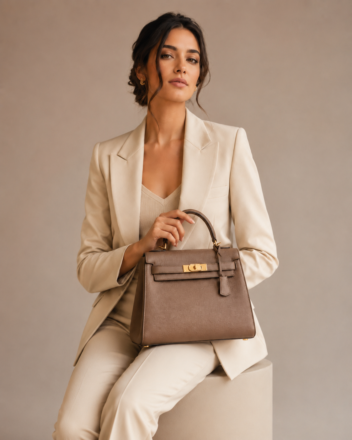 Model carrying a structured luxury handbag